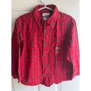 Vintage Disney Store Kids XS Mickey Mouse Embroidered Plaid Holiday Button Down